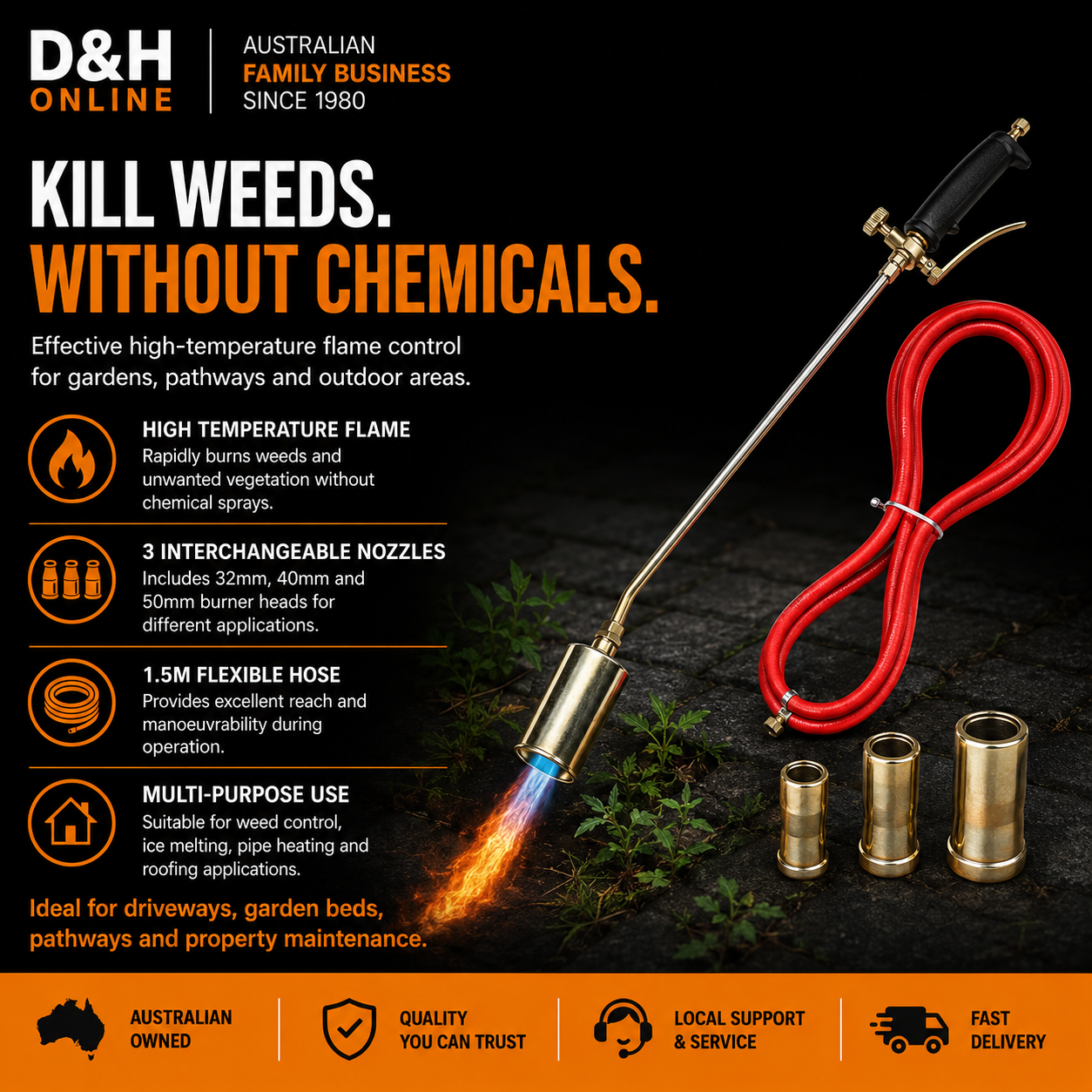 Weed Torch Burner Kit with 3 Nozzles & 1.5m Hose – Butane Gas Weed & Grass Killer