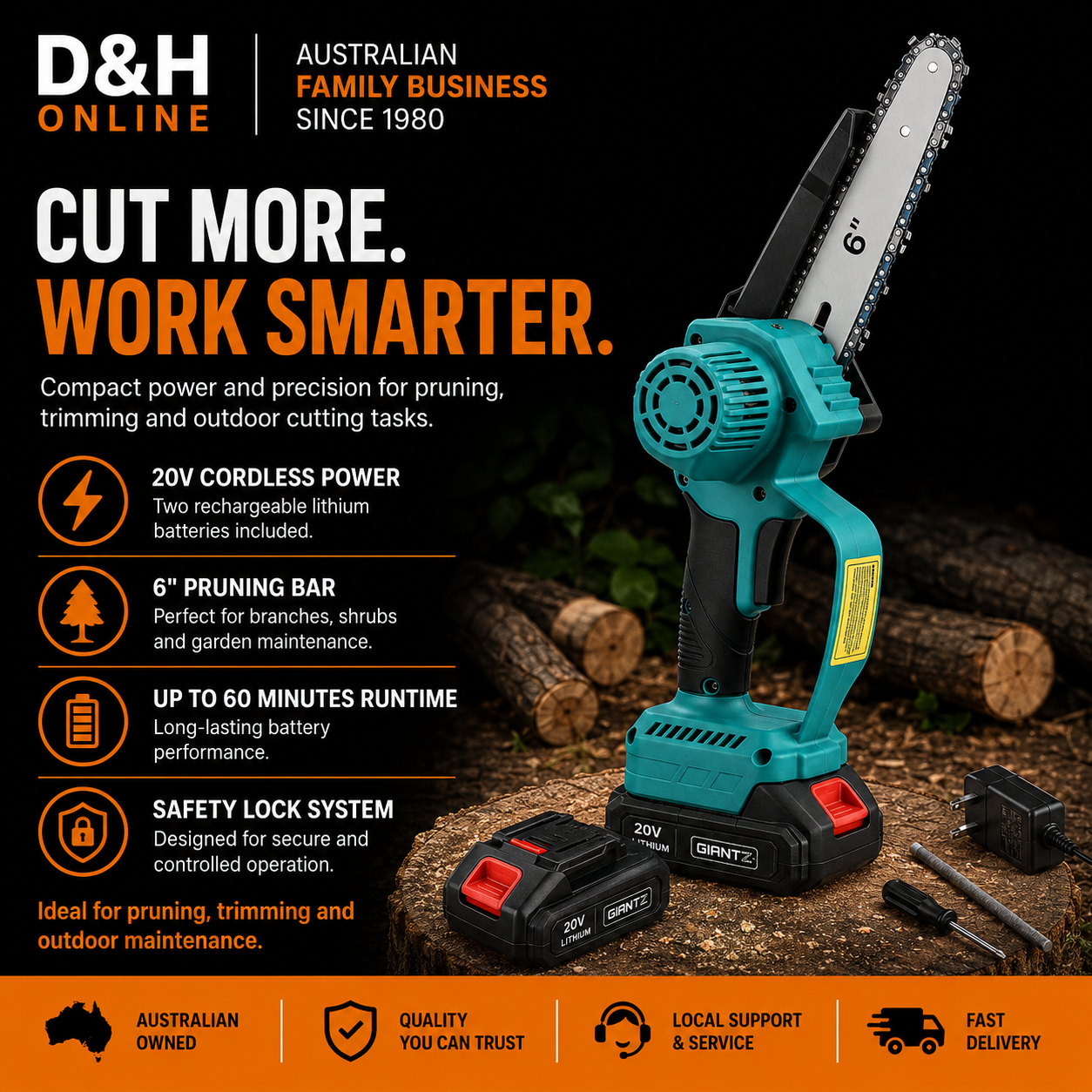Giantz 20V Mini Cordless Chainsaw – 6" Electric Pruning Saw with 2 Batteries