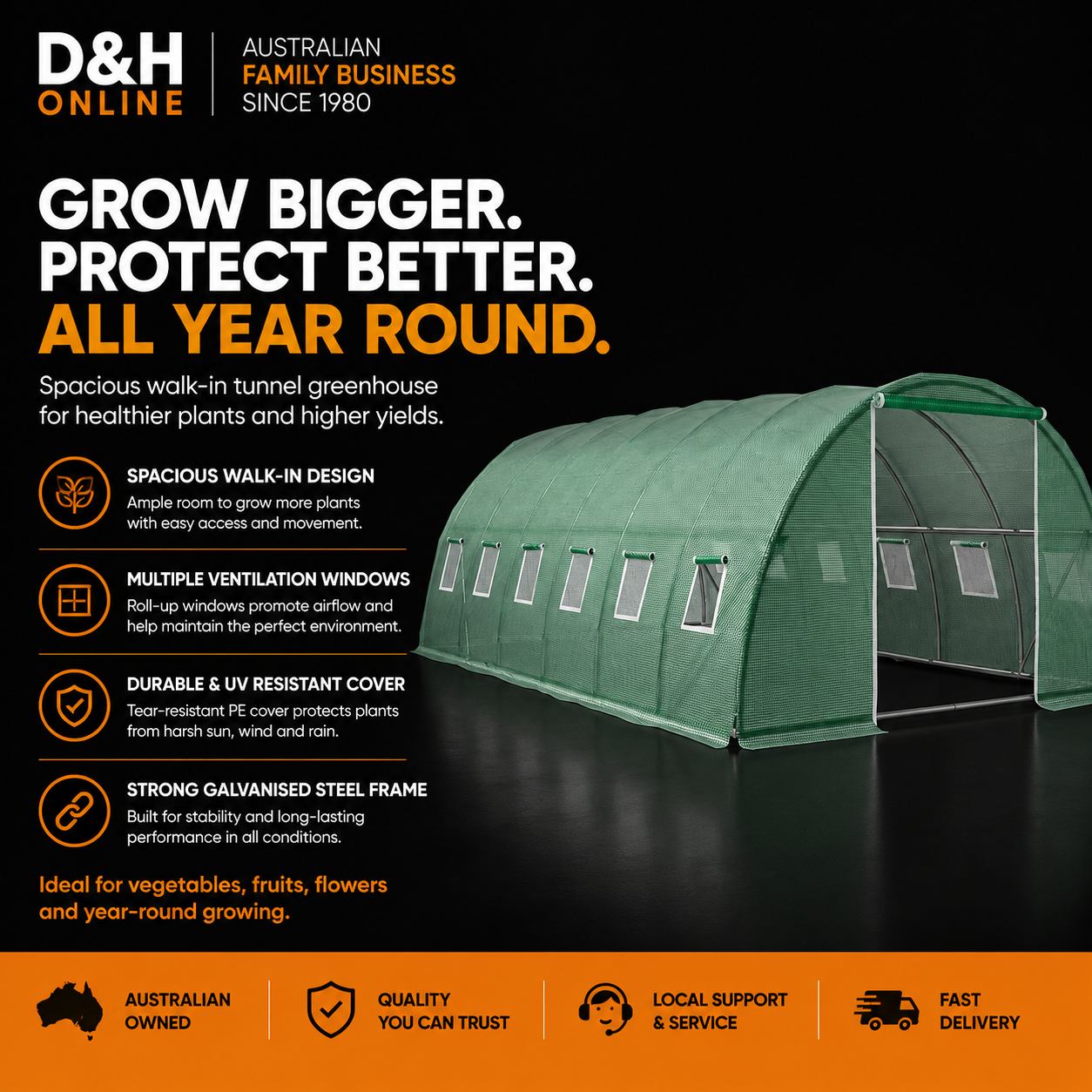 Greenfingers walk-in greenhouse in green with transparent panels, measuring 6x4x2 meters, ideal for home gardening.