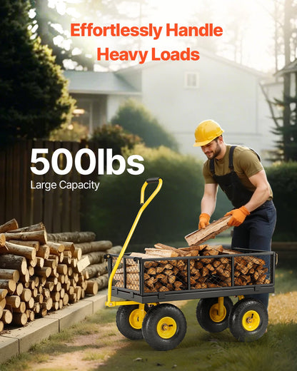 500 Lbs Steel Garden Cart, Heavy Duty Garden Wagon Cart Pullable on Wheels, Metal Yard Utility Wagon Carts with 10" All Terrain Tires, Mesh Removable Sides and 180°Rotating Handle