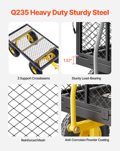 500 Lbs Steel Garden Cart, Heavy Duty Garden Wagon Cart Pullable on Wheels, Metal Yard Utility Wagon Carts with 10" All Terrain Tires, Mesh Removable Sides and 180°Rotating Handle
