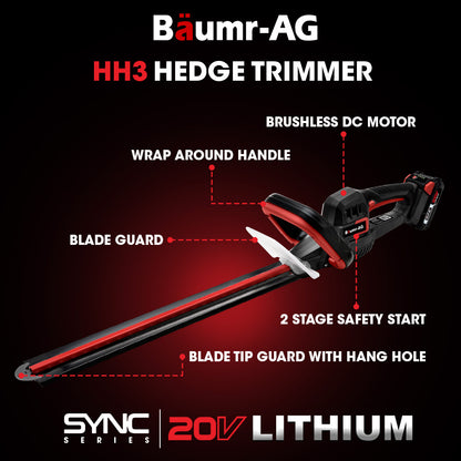 BAUMR-AG 20V Cordless Electric Hedge Trimmer Shrub Cutter with Rechargeable Battery & Charger Kit
