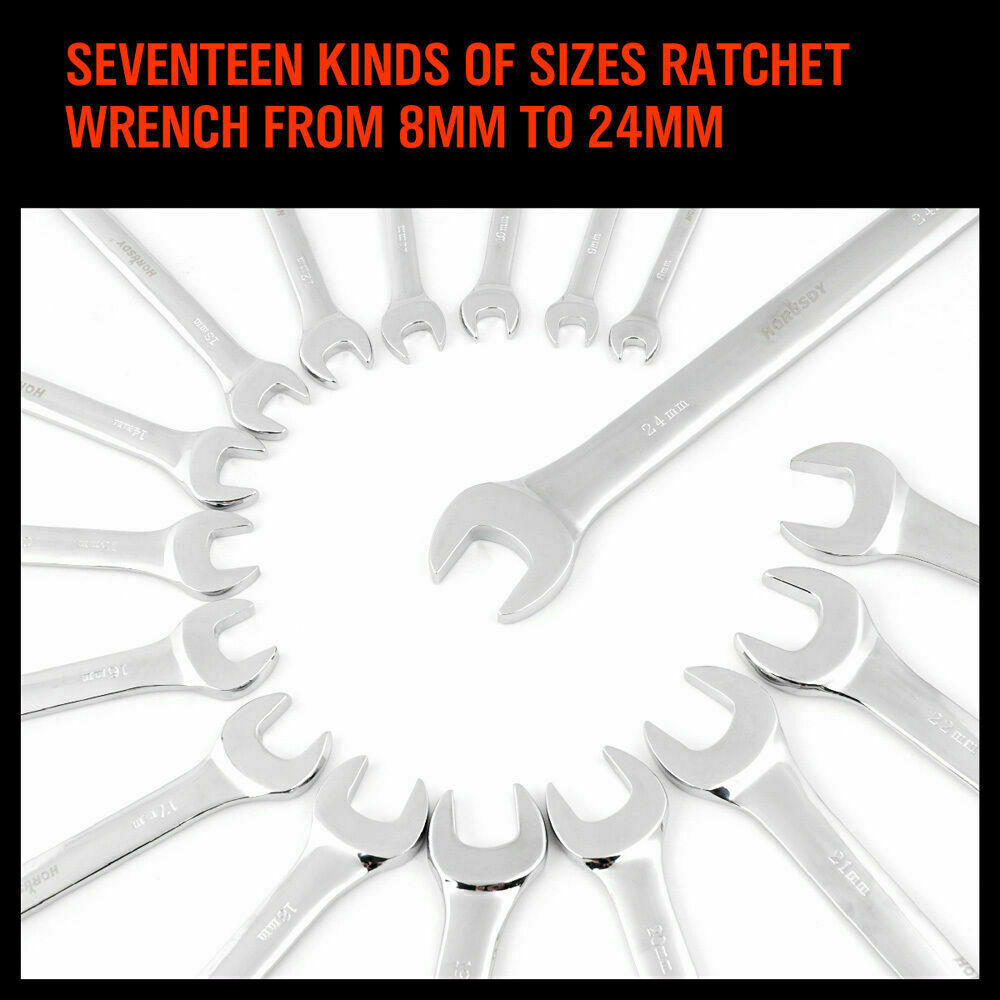 17Pc Ratchet Spanner Set Metric Combination Wrenches Open End Ring CR-V 8-24mm