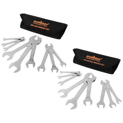 HORUSDY Super Thin 18Pc Wrench Set Open End Spanner 3mm CRV Metric & SAE w Pouch