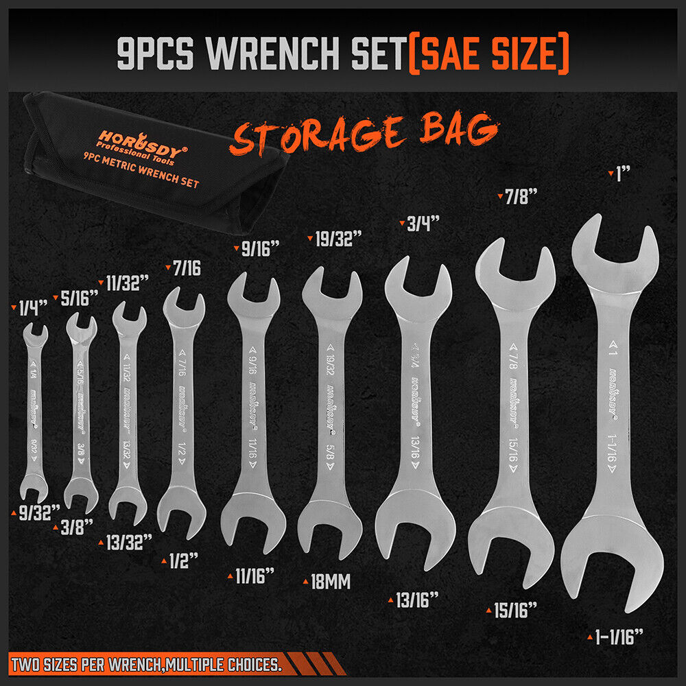 HORUSDY Super Thin 18Pc Wrench Set Open End Spanner 3mm CRV Metric & SAE w Pouch