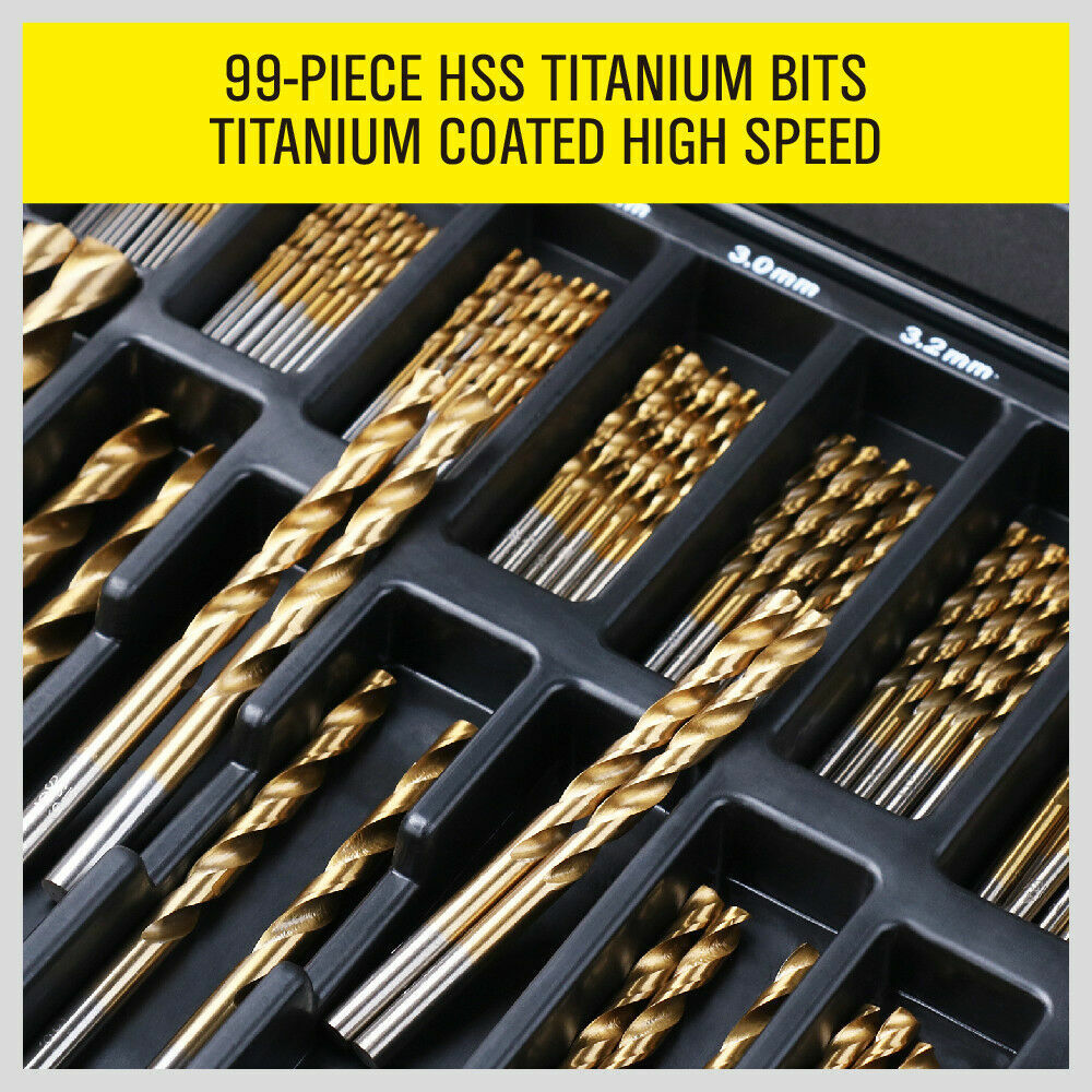 99Pc Drills Set HSS Titanium Coated Wood Plastic Metal Metric 1.5-10mm With Case