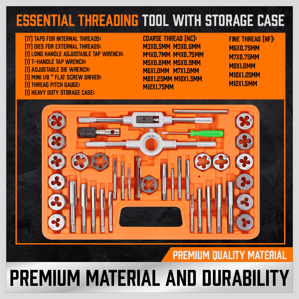 40Pc Tap And Die Set Metric Szie Screw Screwdriver Thread Drill W/t Pitch Gauge