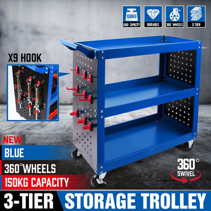 Blue 3-Tier Tool Cart Storage Trolley Toolbox Workshop Garage Organiser 150kg Blue