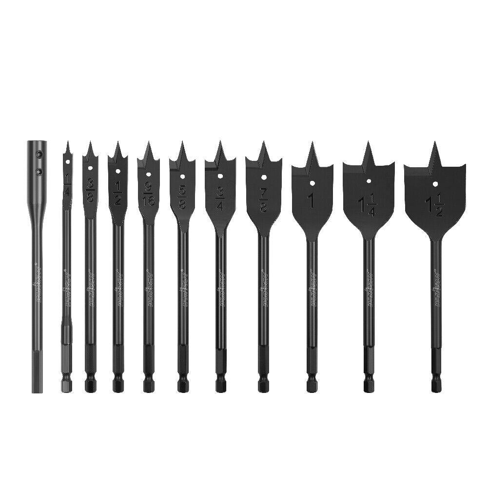 11Pc Spade Drill Bit Set & Extension Flat Wood Boring With Hex Key + Carry Pouch