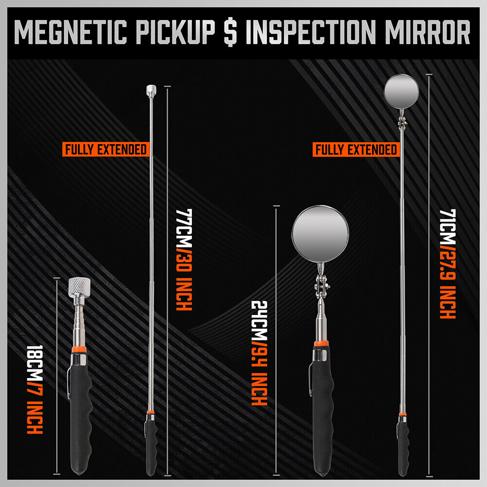 3Pc Magnetic Pick Up Tool Swivel Inspection Mirror Flexible Telescope LED Light