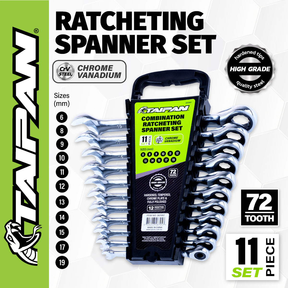 Taipan 11PCE Ratcheting Spanner Set Premium Quality Chrome Vanadium Steel