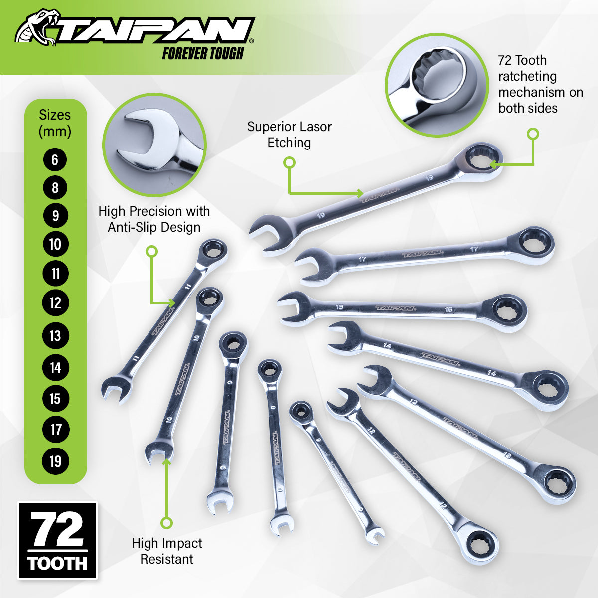 Taipan 11PCE Ratcheting Spanner Set Premium Quality Chrome Vanadium Steel